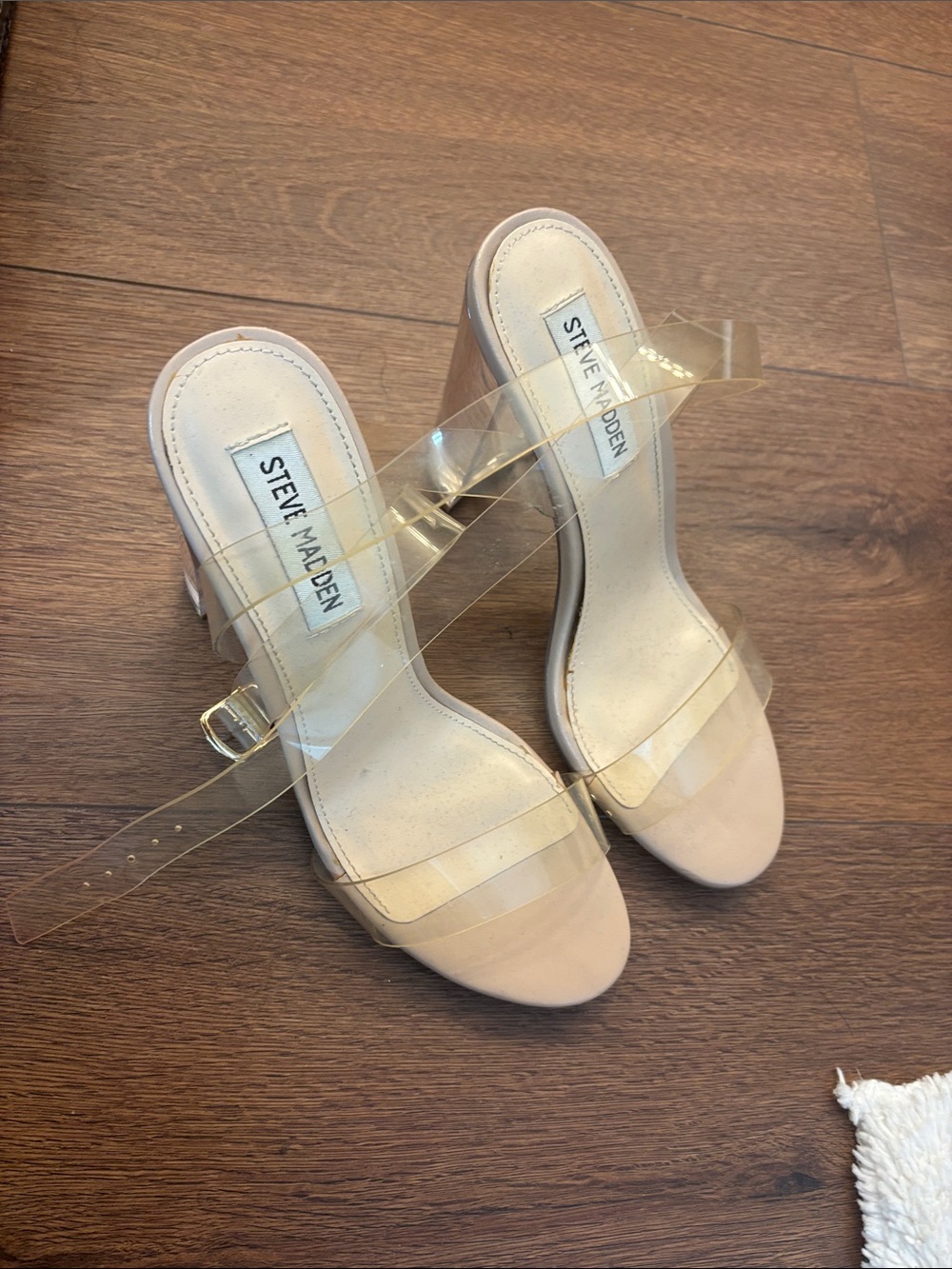 Steve Madden Nude Block Heel Sandals with Clear Straps and Ankle Buckle